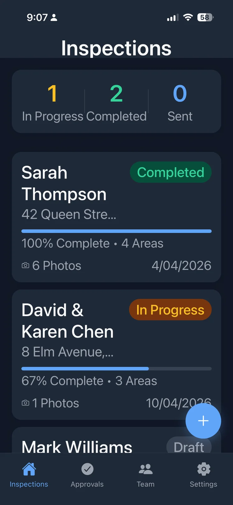 InspectPro inspection app showing a completed building inspection on iPhone