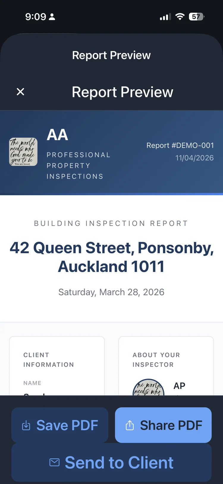 InspectPro professional building inspection report preview on iPhone