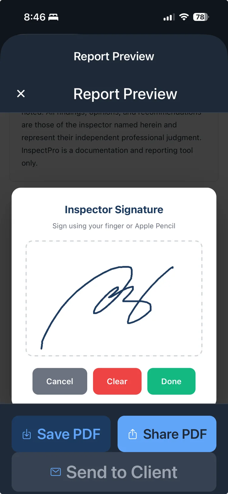 InspectPro inspector signature and PDF sharing on iPhone